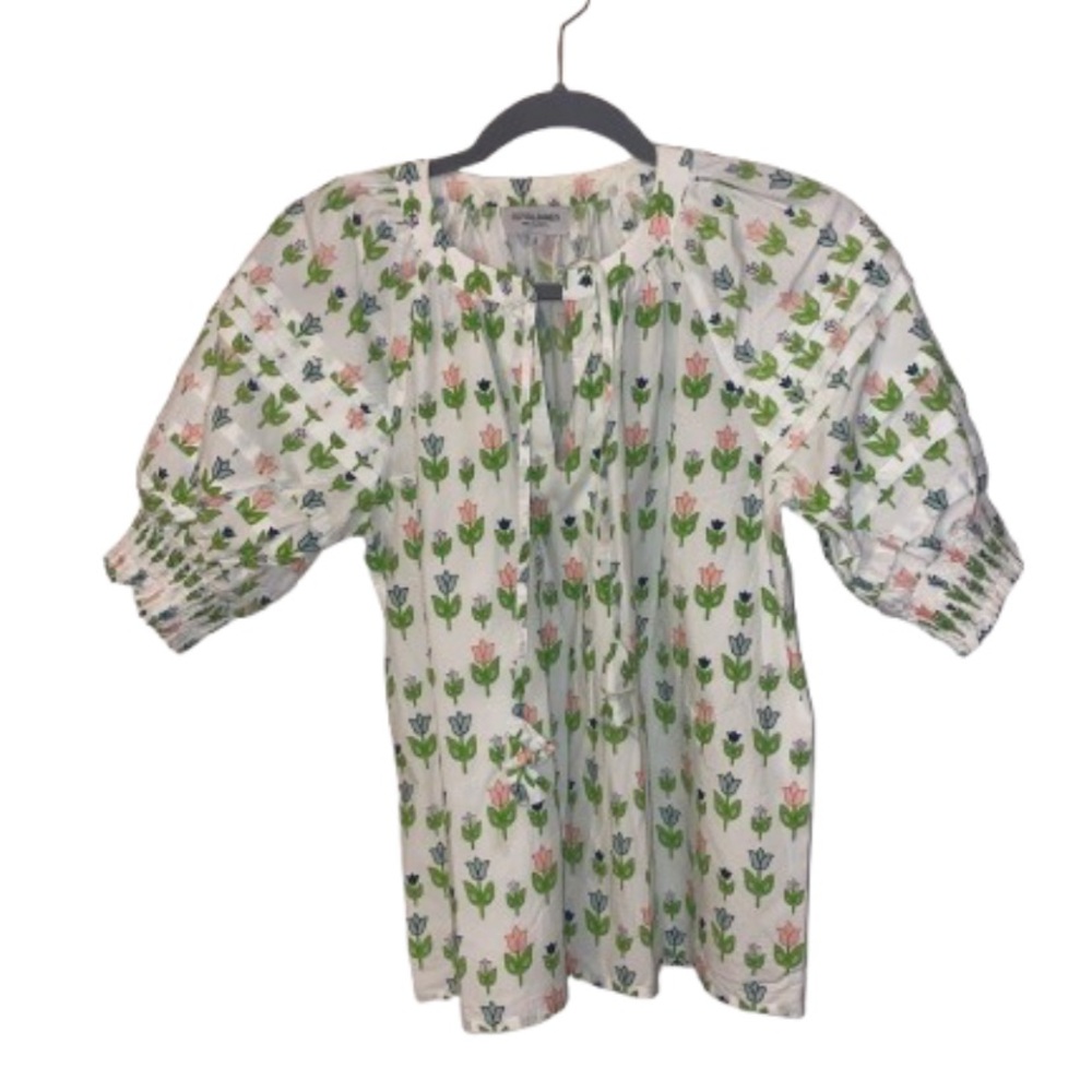 Olivia James Women’s Floral Puff Sleeve Blouse - White with Green and Pink